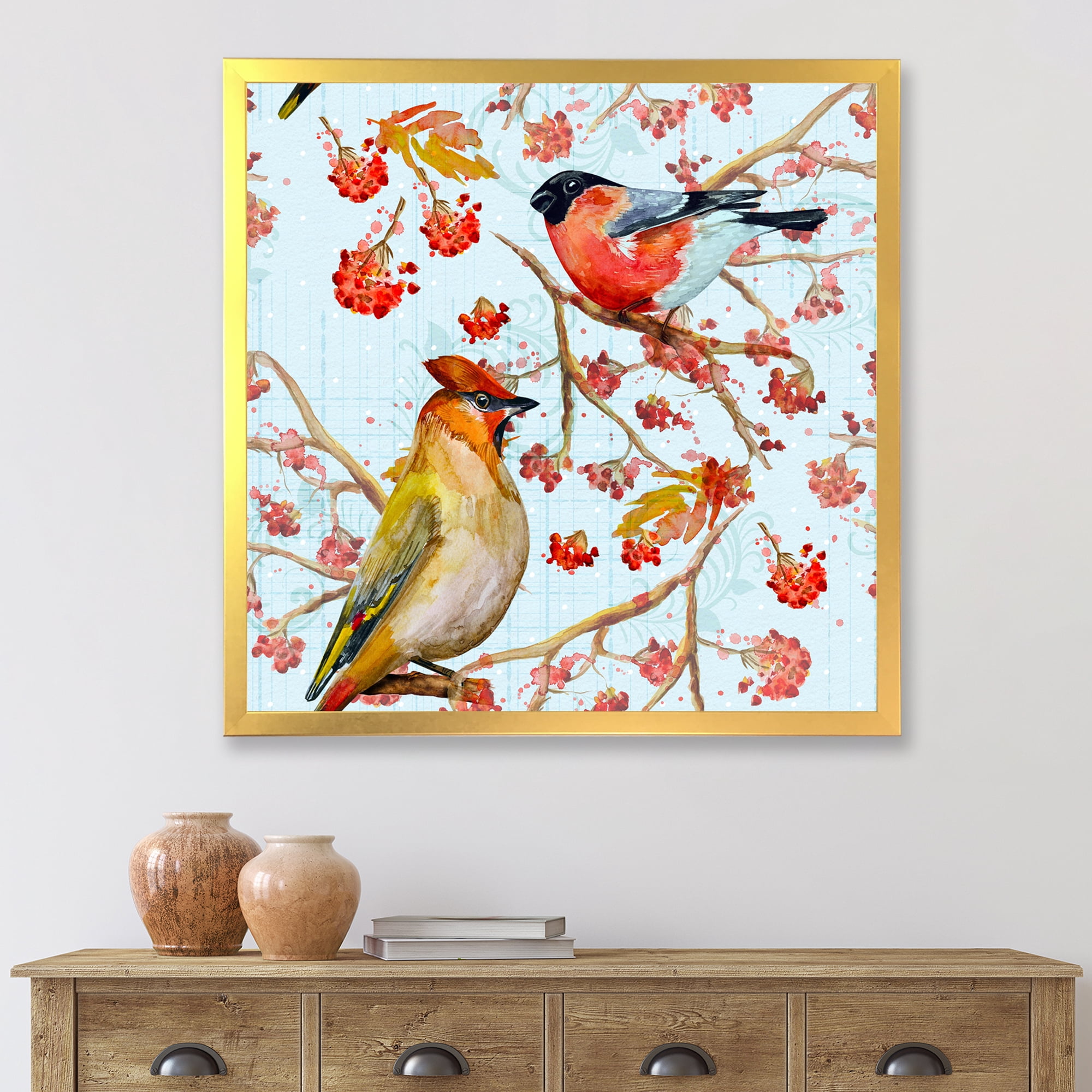 Designart 'Two Birds Sitting On Branches During Autumn' Traditional Framed Art Print