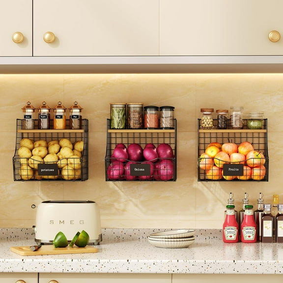 3 Pack Fruit Basket for Kitchen with Wood Lid - Counter&Wall Mounted Onion and Potato Storage with Nameplate, Stackable Storage Basket, Hanging Metal Wire Baskets Kitchen Countertop Organizer Pantry