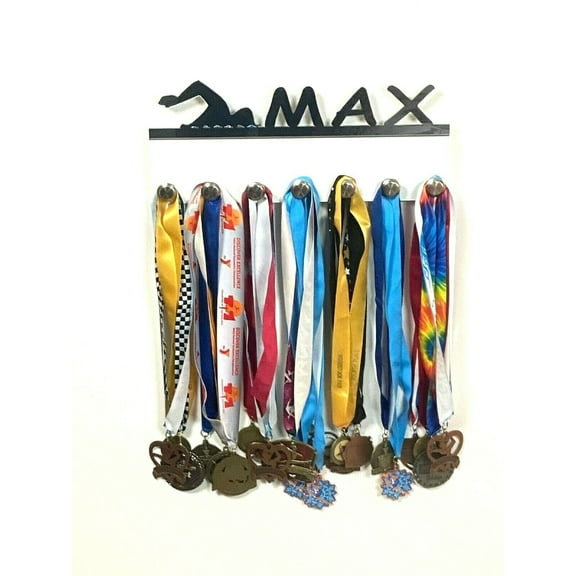 Custom Personalized Name Swim Races Swimming Swimmer Medal Holder, Awards Display Organizer Rack Wall Decor with Hooks for 60  Medals, Ribbons, Sports Of A Kind Made To Order With Your Name On It.