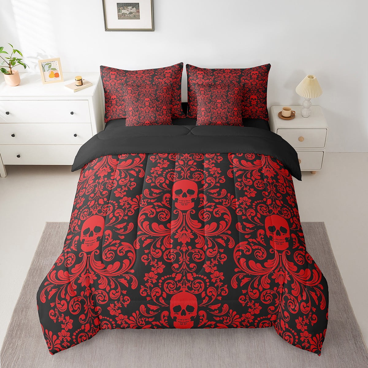 Damask Gothic Bedding Set Adults Antique Victorian Bed in a Bag King Size Comforter Set 7 Pieces,Black Red Sugar Skull Sheet Set Vintage Floral Goth Bed Set