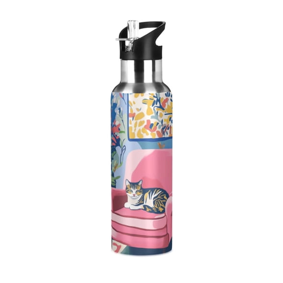 Yayeee 20oz Insulated Water Bottle Double Wall Stainless Steel with Flip Straw Lid, Art Cat