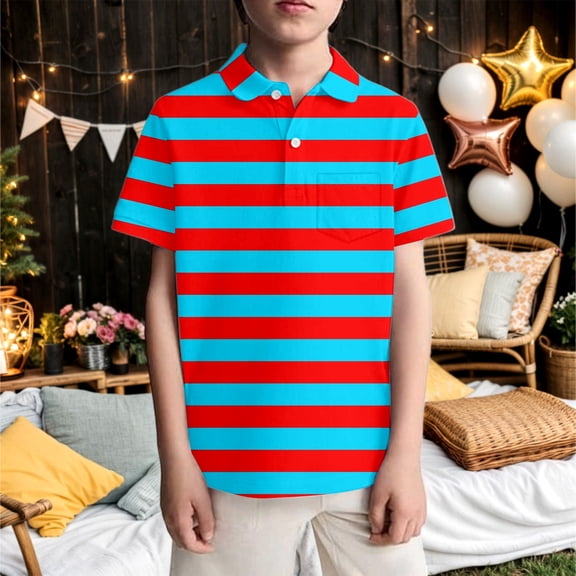 YMNXA Kids Boys Polo Shirt Short Sleeve Lapel Striped Print Soft Comfortable Breathable Tee Top For Casual Daily Wear,Sky Blue,3-4 Years