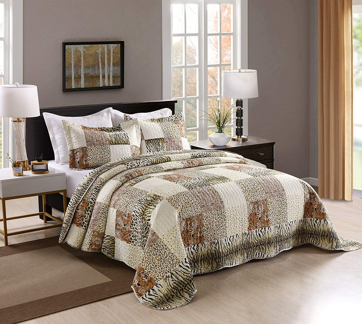 3PC Quilted Bedspread Cover Oversized High Quality Embroidery Quilt Coffee Brown 