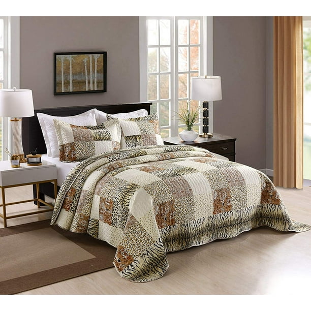 Marcielo 3 Piece Quilted Bedspread Leopard Print Quilt Quilt Set