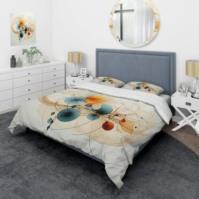 Designart "Blue Orange Line Art Conceptual Abstracts II" Modern Bedding Covert Set - Line Art Teal Abstract Bed Set With 1 Sham