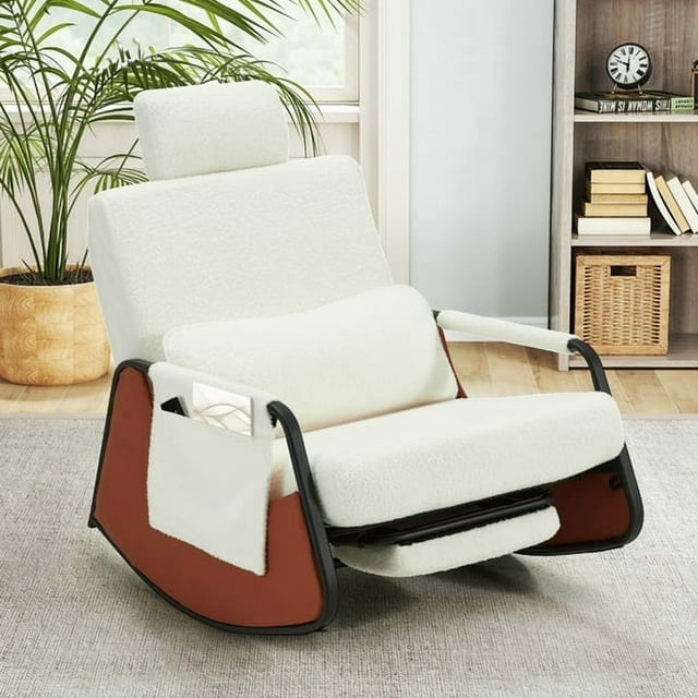 YODOLLA Rocking Accent Chair with Pull-out Footrest, Glider Recliner 3-Position Adjustable Backrest with Side Pocket, White