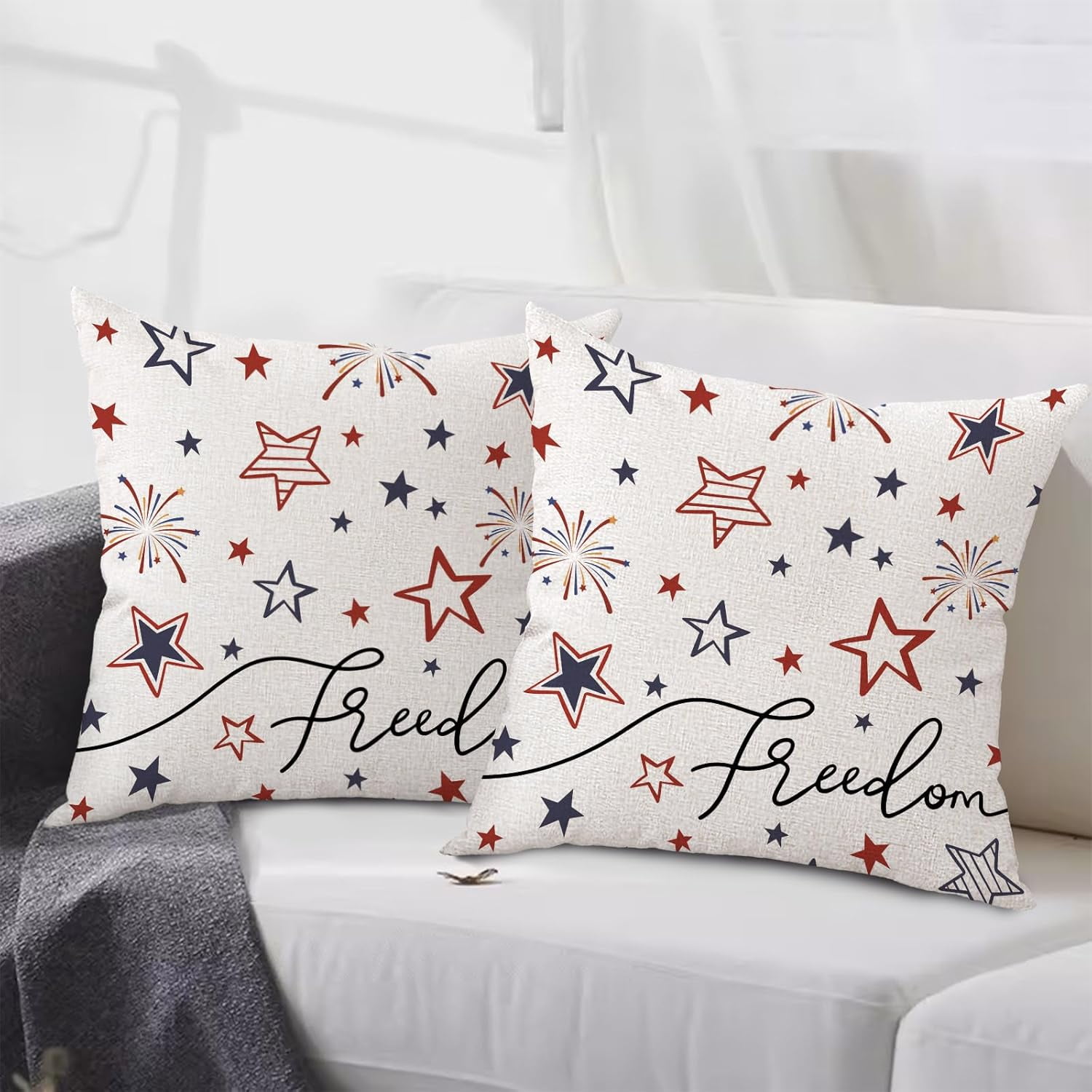 4th of July Throw Pillow Covers 18 x 18 Set of 2 Memorial Day Independence Day American Flag Red Blue Stars Patriotic Decorative Cushion Cases for in-Outdoor Home Decor