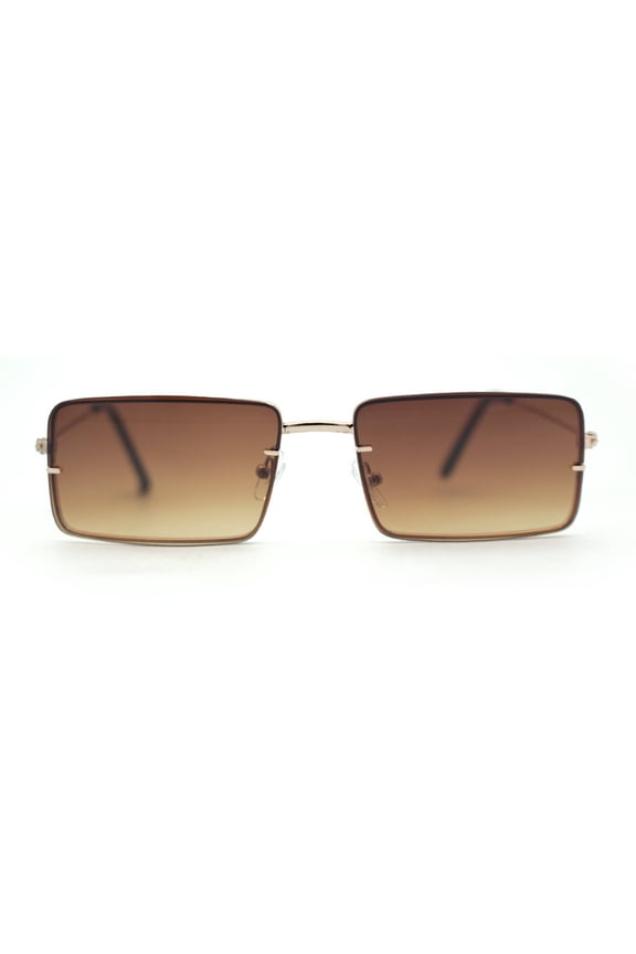 Minimal Rimless Slim Rectangle Classy Gradient Lens Sunglasses Gold Brown