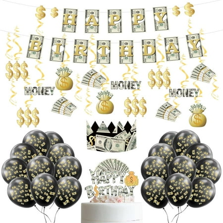 Money Themed Decoration KIT Bill Dollar Signs Birthday Banner Money Cake Topper Balloons Hanging Swirls Crown Set for Birthday Casino Wedding Showers Retirement Anniversary Graduations Party