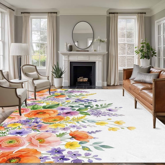 Large Area Rugs for Living Room Bedroom, Pink Orange Flowers 8'x10' Rug Washable Carpet Runner Indoor Outdoor, Spring Floral Farmhouse Botanical Non Slip Floor Mats Rug for Kitchen, Patio