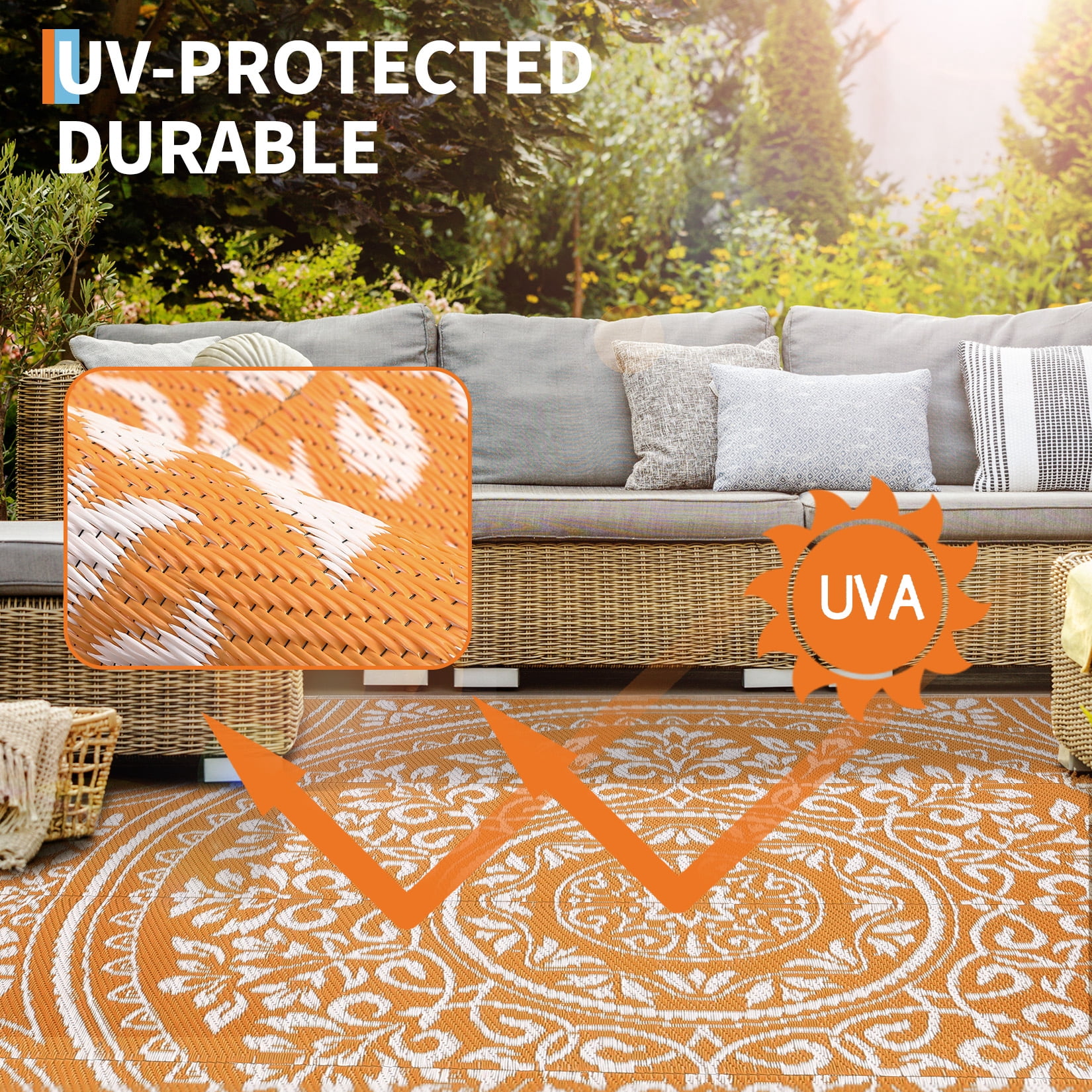Garvee 9'x18' Waterproof Outdoor Rug Floral Reversible Outdoor Carpet, Plastic Straw Rug Portable RV Picnic Camping Mat for Garden Backyard Deck Balcony, Orange