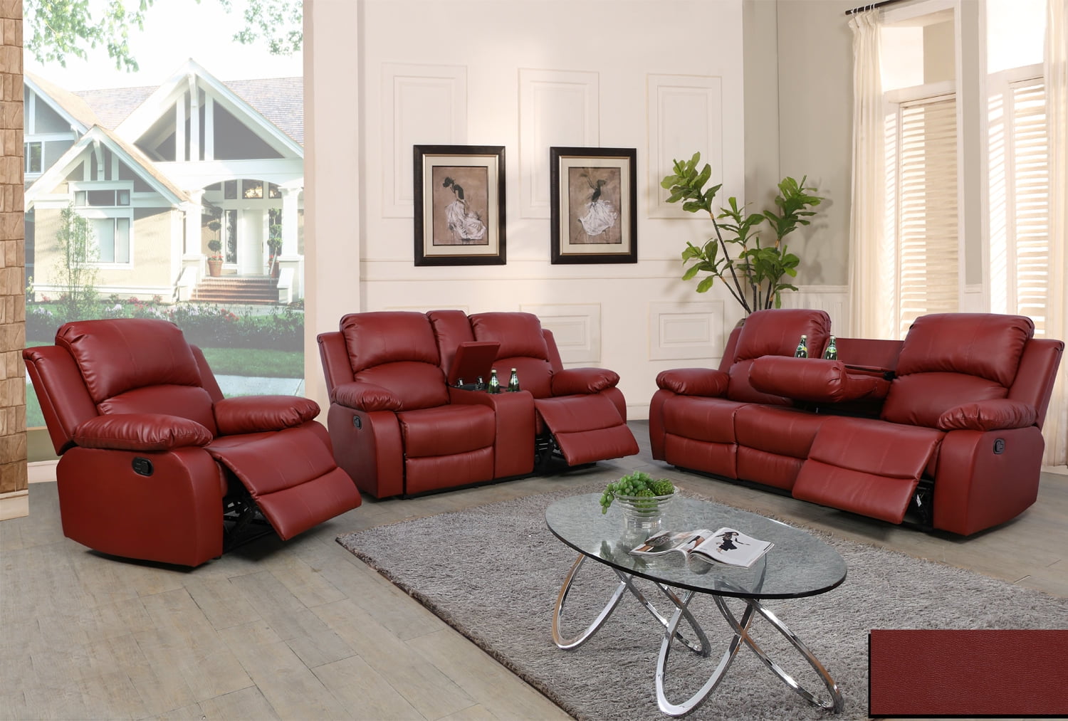 Ainehome Red Leather Recliner Loveseat