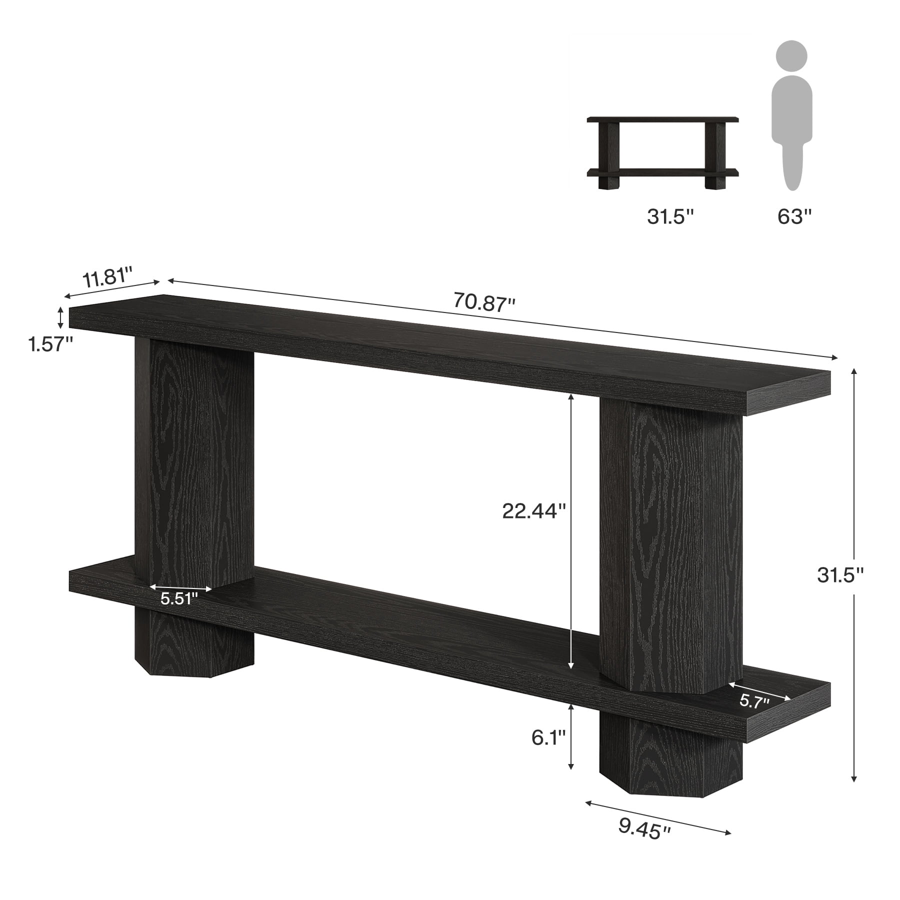 Finmind 71-Inch Long Wooden Console Table for Entryway,  Sofa Table Behind Couch for Living Room, Hallway, Foyer, Black