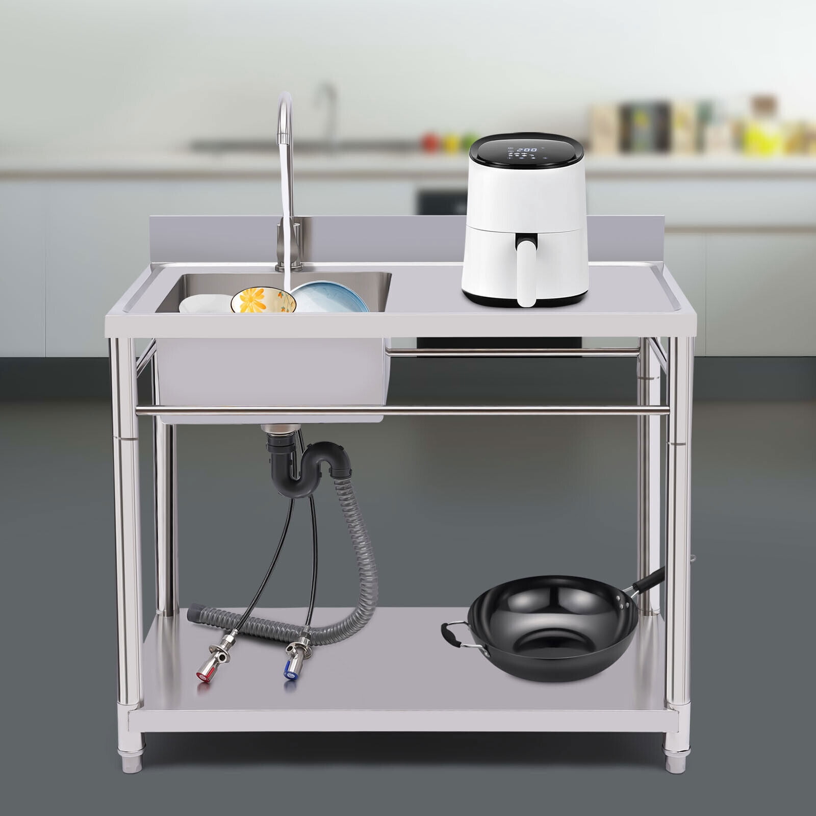 Stainless Steel Commercial Kitchen Utility Sink Prep Table Faucet 1 Compartment