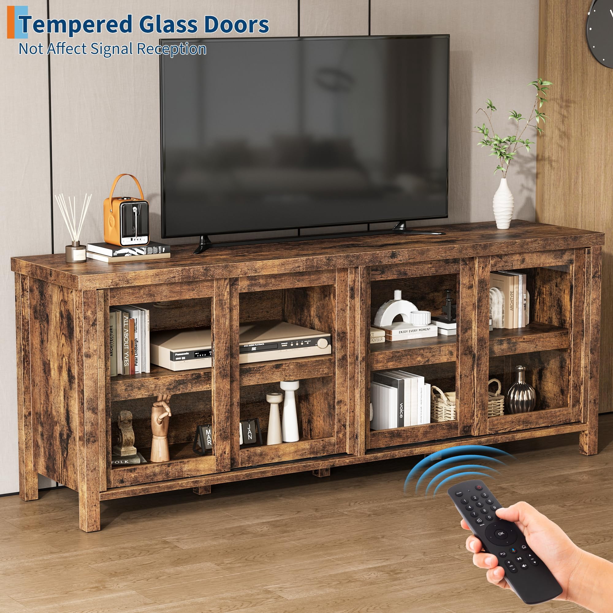 62" Farmhouse TV Stand for TVs up to 75 Inch - Entertainment Center with Glass Sliding Doors & Adjustable Shelves - Large Storage Media Console for Living Room & Bedroom - Black / Gray / Retro