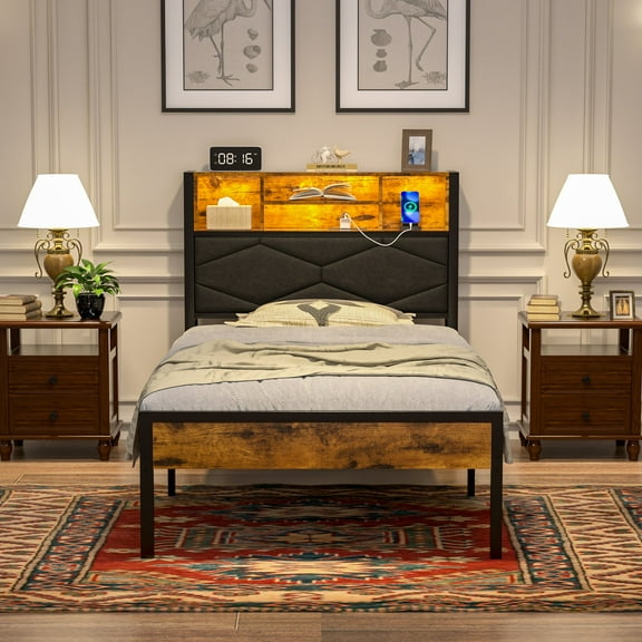 VECELO Twin Size Bed with Bookcase Storage Headboard, Upholstered Bed with Power Outlets, Charging Station and LED Lights