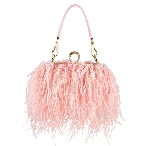 Bolso de mano Tessco para mujer, con plumas de avestruz, esponjosa, rosa