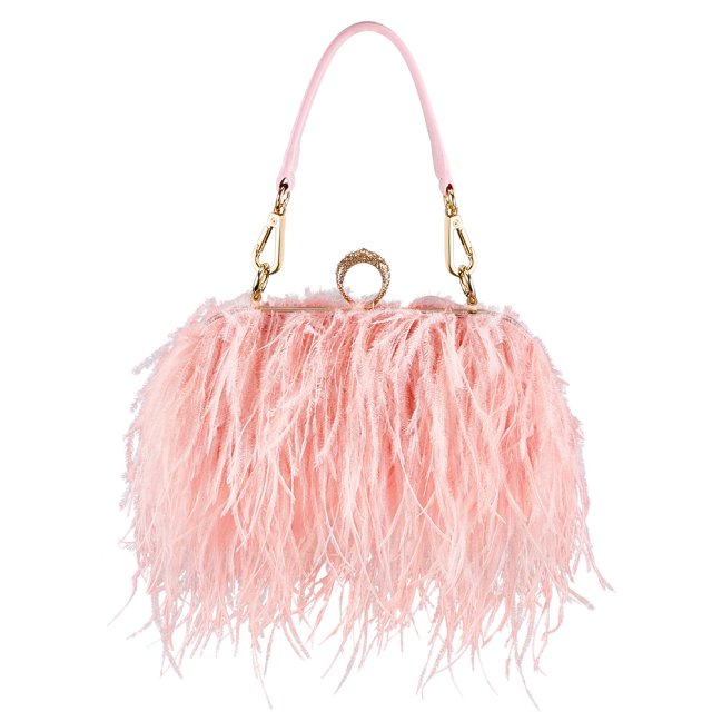 Bolso de mano Tessco para mujer, con plumas de avestruz, esponjosa, rosa