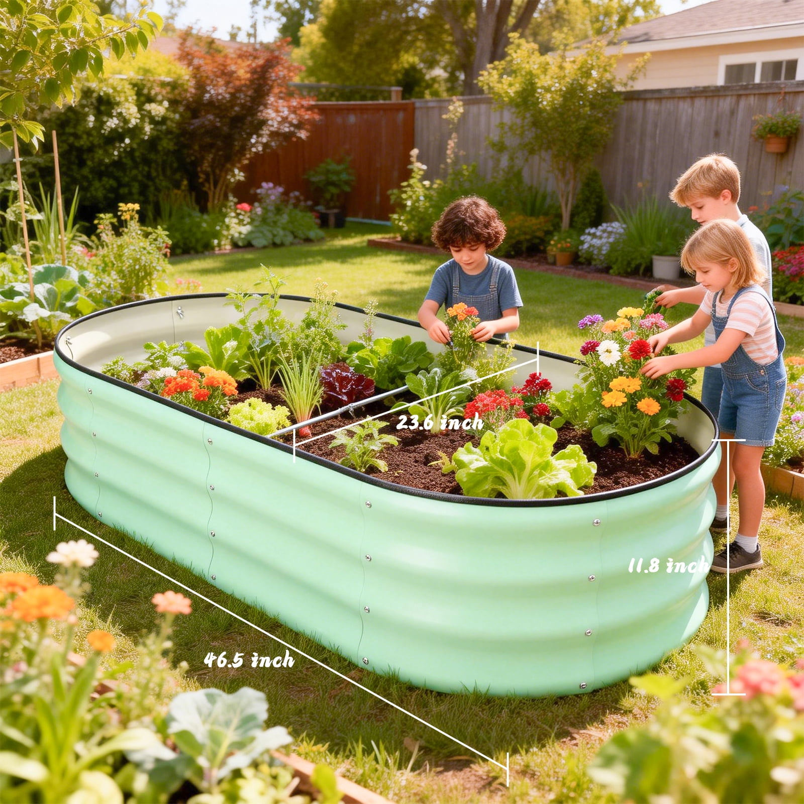 Oval Metal Raised Garden Bed – Corrugated Planter Box for Vegetables/Flowers, Durable & Easy Assembly, Outdoor Patio/Lawn Gardening Container (Mint Green)
