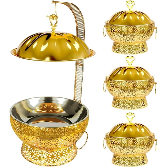 Esheno 4 Piece Round Stainless Steel Chafing Dish Set Complete Buffet Warmer For Parties Christmas Gold