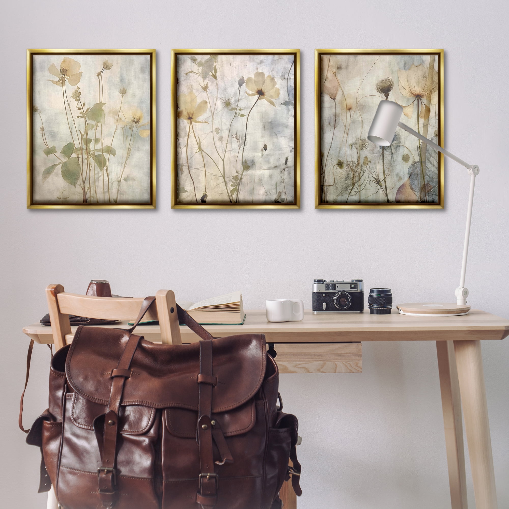Stupell Industries Soft Blooming Botanicals Plants & Flowers Painting Gold Floater Framed Canvas Art Print Wall Art, 25 x 31, Set of 3