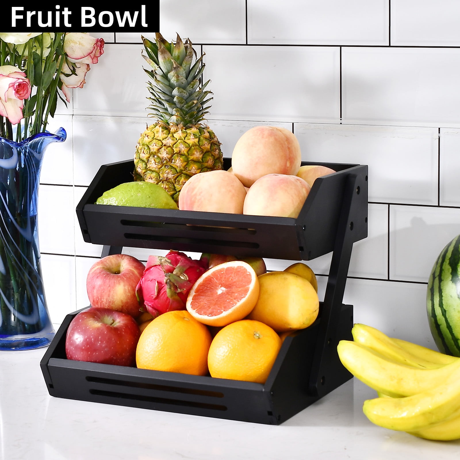 Fruit Basket, 2 Tier Bamboo Fruit Bowl for Kitchen Counter, 11" Tall Produce Storage Stand for Vegetables and Snack, 15 mm Thickness (Self-Assembly)