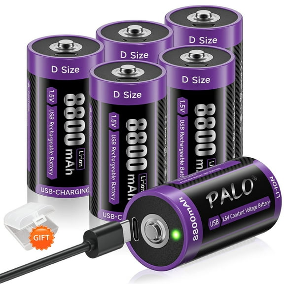 Palogreen 6 Pack Rechargeable D Batteries 1.5V Type-C USB High Capacity D Size Rechargeable Lithium Battery 8800mWh with Battery Case