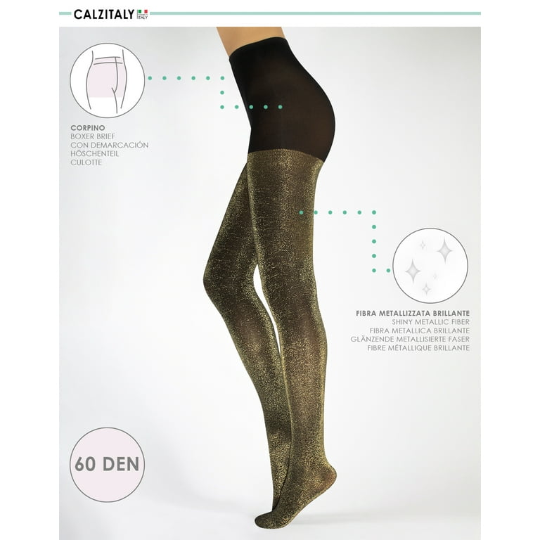 CALZITALY - Opaque Lurex Sparky Tights – Gold and Silver Glitter Pantyhose  for Women – 60 DEN (Size: L/XL, Color: Black/Gold)