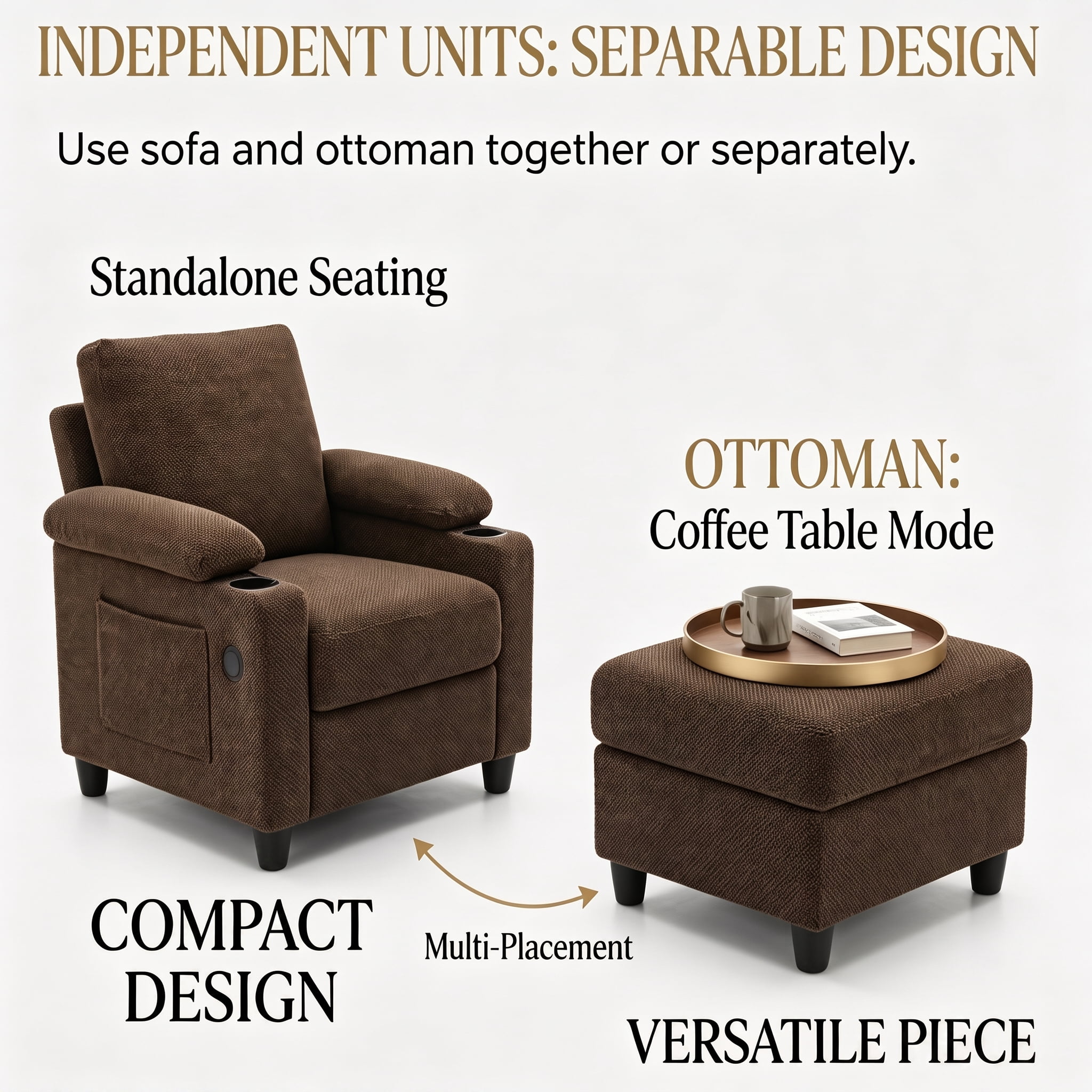 Aukfa Accent Chair with Storage Ottoman & Cup Holders, Convertible Sleeper Recliner Lounge Chair with Adjustable Backrest, USB-C Port & Side Pocket, Brown