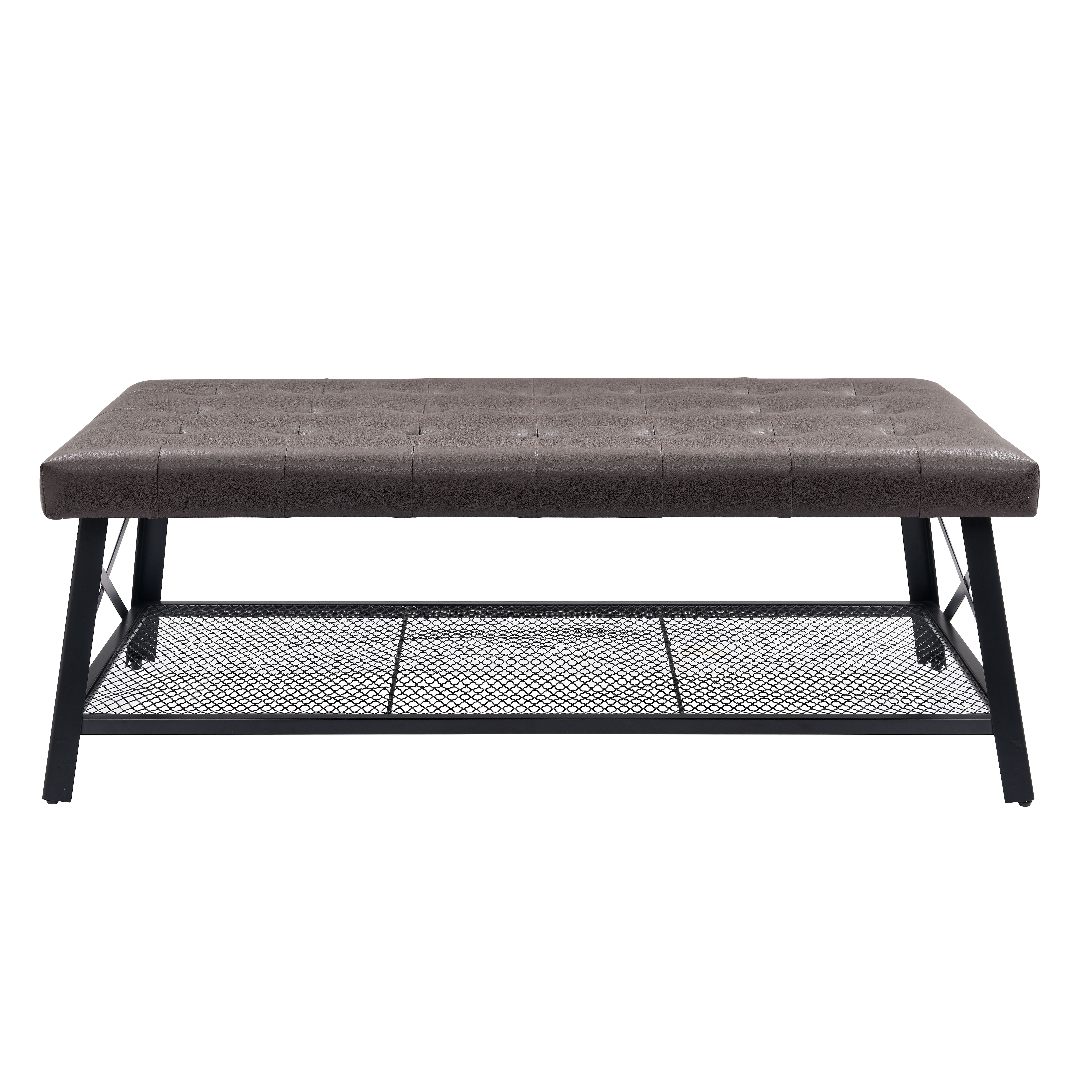 MOONMISS 48" Tufted Faux Leather Coffee Table Bench with Storage Shelf, Upholstered Ottoman Bench with Metal Frame for Living Room, Entryway, Bedroom, Apartment, Small Space (Dark Brown)