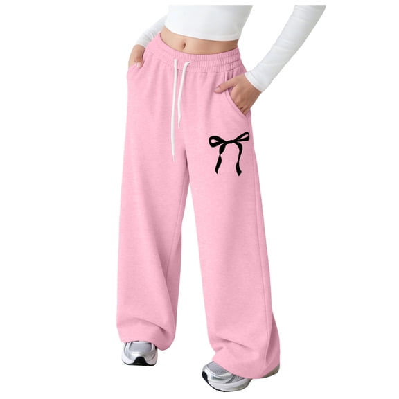 larppty Girls Bow Print Wide Leg Sweatpants for 3-18Y, Elastic Drawstring Waist Baggy Trousers, Soft Cotton Kids Casual & Loungewear Pants(Pink, 17-18 Years)