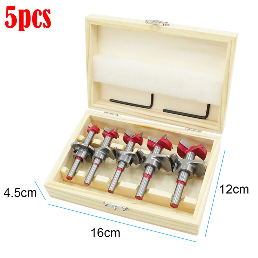 5Pcs Woodworking Forstner Drill Bit Set Hole Saw Cutter Wood Tool w/ Round Shank