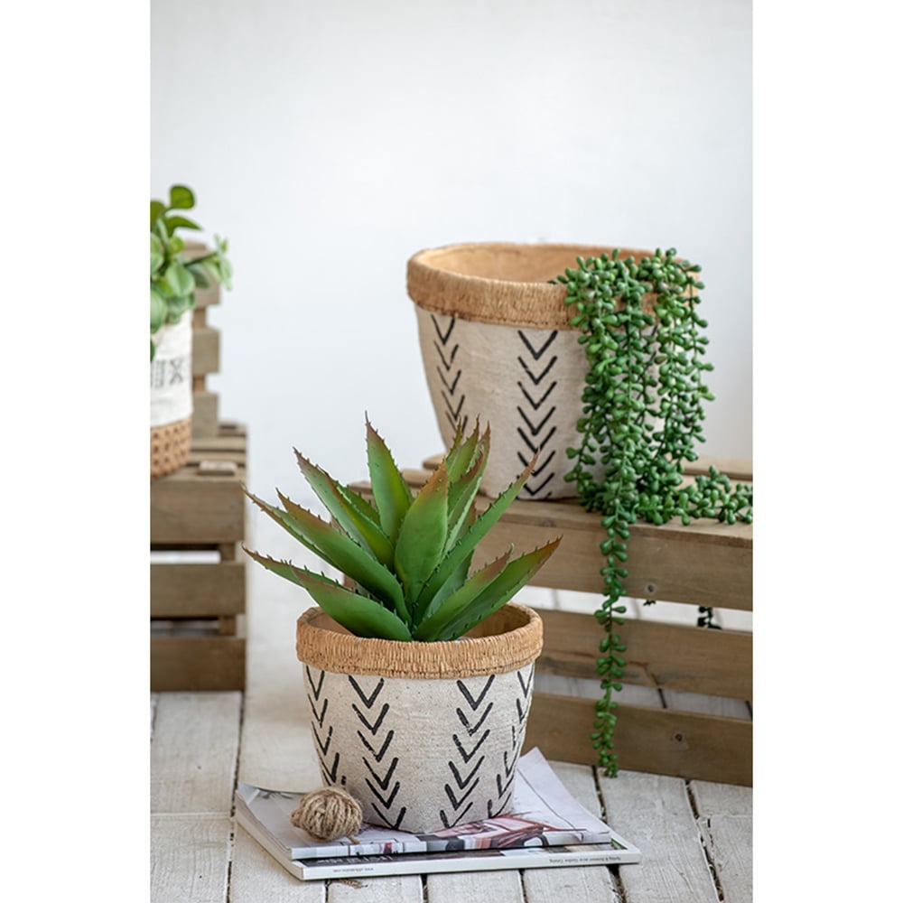 Set of 2 White and Brown Cement Planters – Featuring a Stylish V Pattern, these Planters Bring a Contemporary Flair to Your Home or Garden.  Perfect for Showcasing a Variety of Plants
