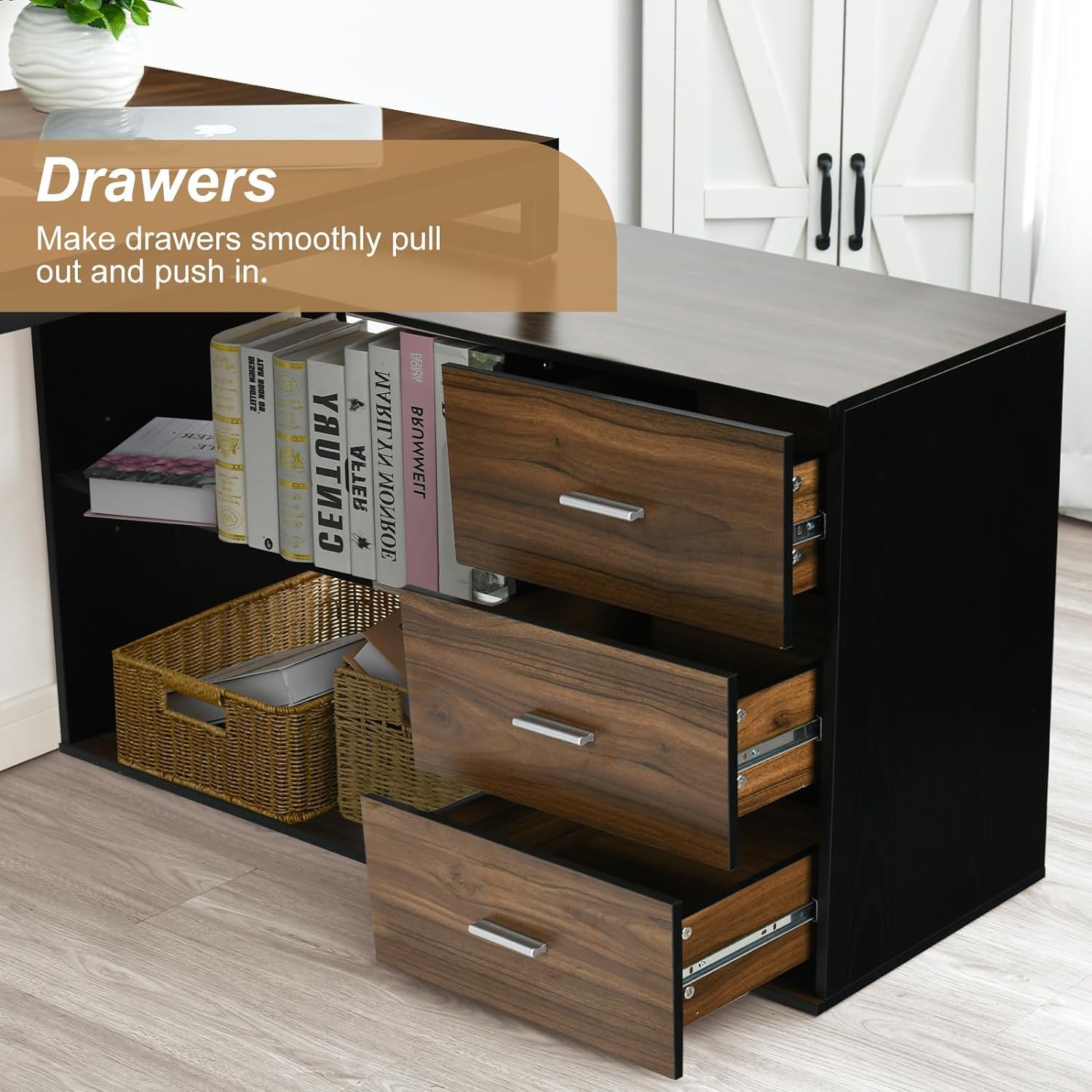 DreamCurship 55 Inch Reversible L Shaped Desk with 3 Storage Drawers, Computer Desk with Shelves and Monitor Stand, Corner Desk for Small Spaces, Black