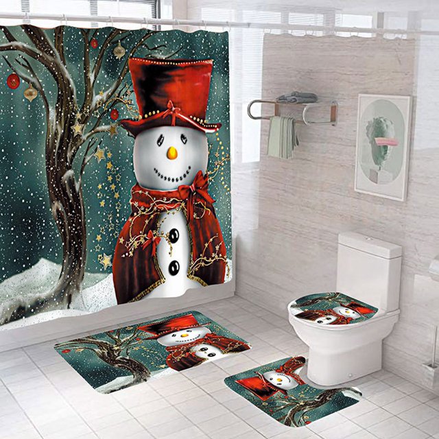 Coxeer Bathroom Cover Set Soft 4PCS Toilet Seat Cover Set Shower Curtain for Christmas