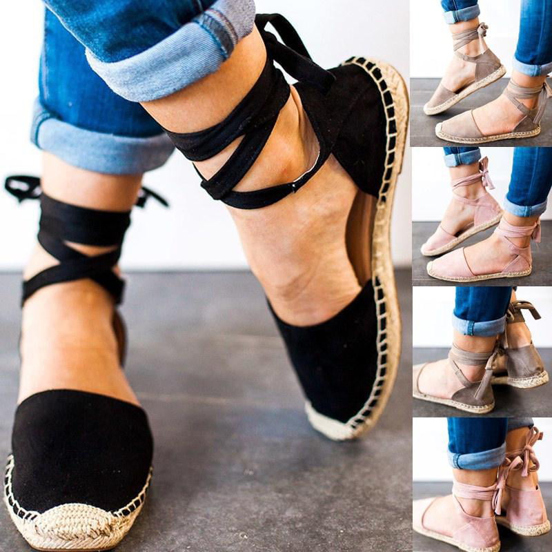 Womens Summer Flats Espadrilles Ankle Strap Lace-up Pumps Sandals Casual Shoes 