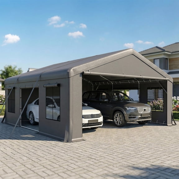Outsunny 20' x 20' Heavy Duty Carport, Portable Garage Car Canopy Tent with Reinforced Galvanized Frame, 3 Roll-up Doors, 4 Mesh Windows, Dark Gray
