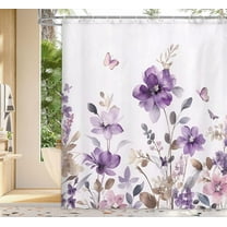 Purple Floral Shower Curtain, Farm Watercolor Flower Leaves and Butterfly on Country Wooden Shower Curtain for Bathroom, Rustic Farmhous Waterproof Fabric Shower Curtain with 12PCS Hooks, 70X85IN
