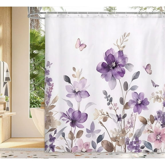 Purple Floral Shower Curtain, Farm Watercolor Flower Leaves and Butterfly on Country Wooden Shower Curtain for Bathroom, Rustic Farmhous Waterproof Fabric Shower Curtain with 12PCS Hooks, 70X85IN