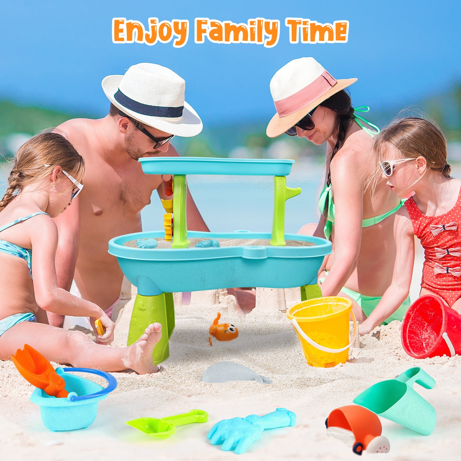 Beefunni Sand & Water Table, 2-Tier Rain Pond Activity Sensory Play Table with Accessories, Outdoor Beach Water Play Table, Summer Activity  Gift Idea