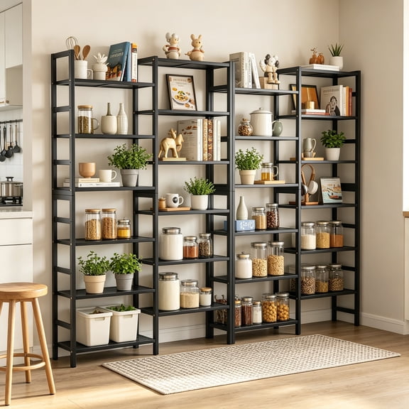 Double Wide Bamboo Bookshelf, Black, 6-Tier Large Open Bookcase with 12 Display Shelves, 6ft Tall Freestanding Book Shelf for Home Office, Bedroom, Living Room, Plants