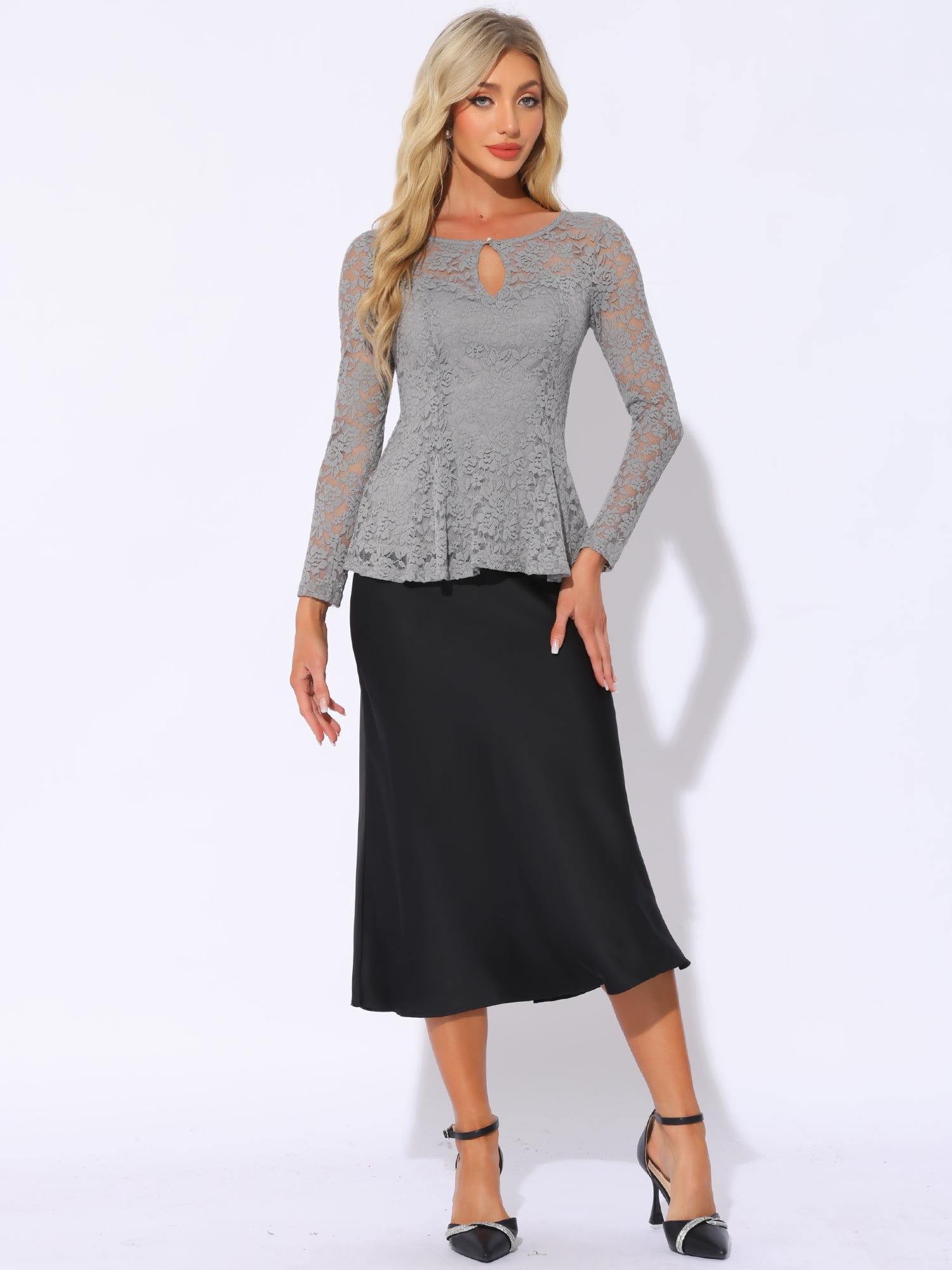 DARING DIVA Lace Peplum Round Neck Elegant Blouse L Gray