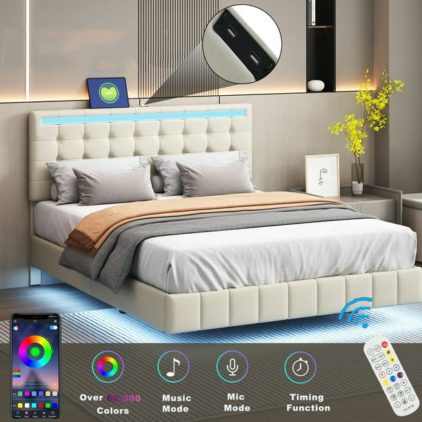 Bellemave Queen Bed Frame with LED Lights and USB Charging Station ...