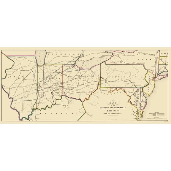 Railroad Map - Evansville and Crawfordsville Railroad - Lellan 1850 - 23 x 51 - Vintage Wall Art