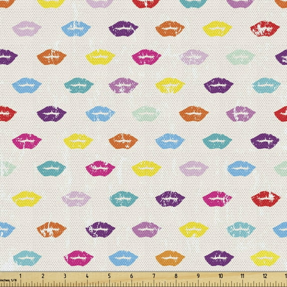Kiss Fabric by the Yard, Colorful Repetitive Lips in a Grunge Theme Romantic Love Theme, Upholstery Fabric for Dining Chairs Home Decor Accents, 3 Yards, Champagne and Multicolor by Ambesonne