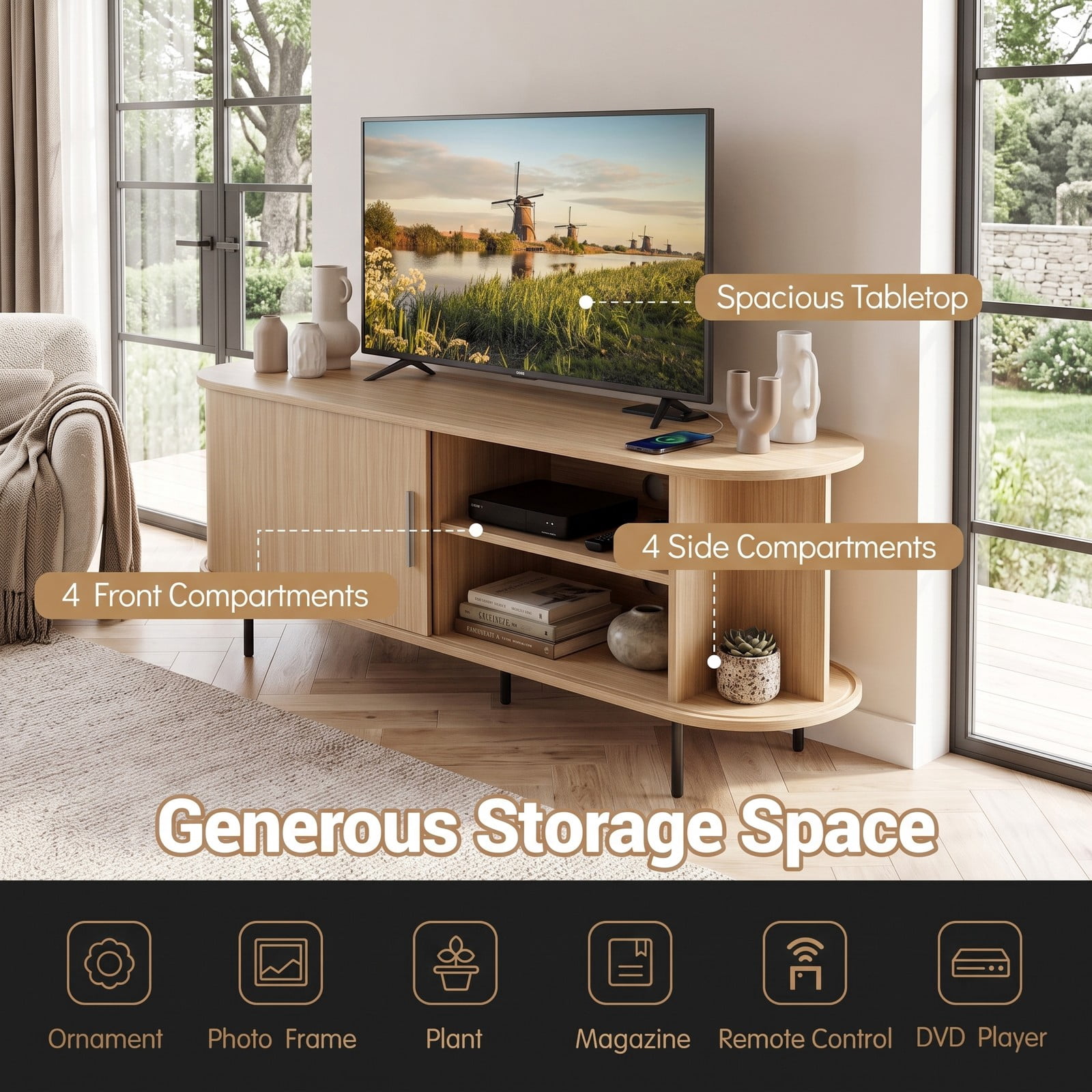 Furnibear Fluted TV Stand for TVs up to 60 Inch, Mid Century Modern Curved Entertainment Center with Open Storage Shelves, Wood Media Console Table for Living, Natural