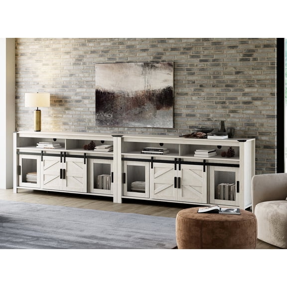 2-in-1 Farmhouse TV Stands for 100 Inch TV, Antique White 118" Wooden Entertainment Center with Mesh and Barn Doors, Set of 2 TV Console with Open Storage Space for Living Room, Bedroom