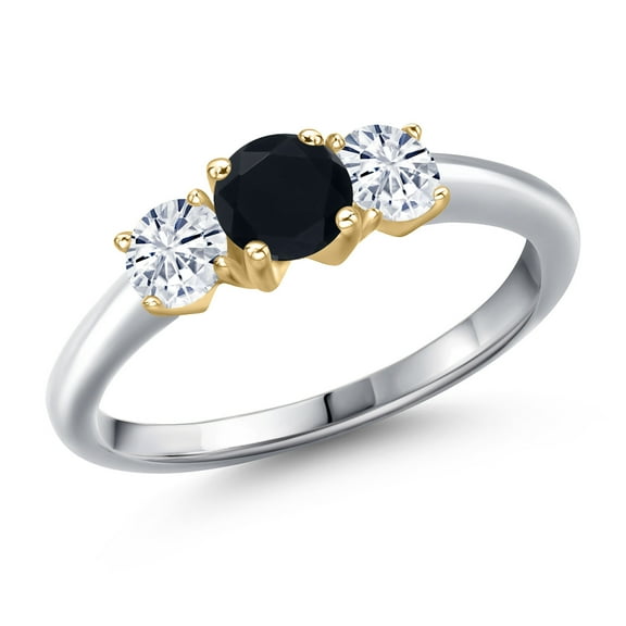 Gem Stone King 10K Two Tone Gold Black Onyx and White Moissanite Engagement Ring for Women | 0.94 Cttw | Round 5MM | Gemstone December Birthstone | Size 7