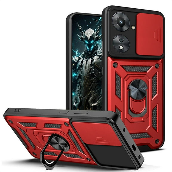 CSmaller for Xiaomi Redmi 13C Case with Slide Camera Cover for Men, Military Grade Drop Proof Phone Cover with Rotate Ring Kickstand Lens Protection Case for Xiaomi Redmi 13C SJ Red