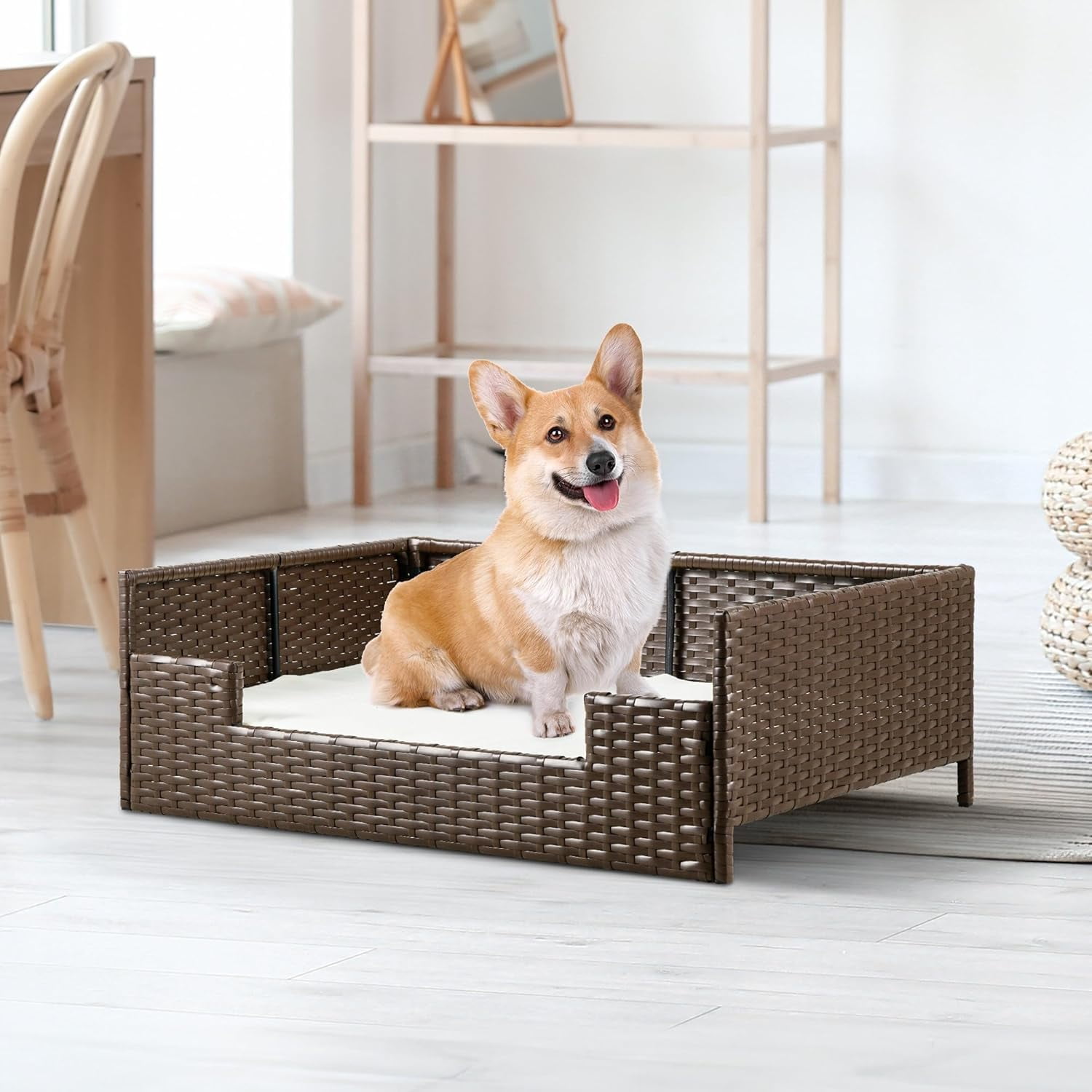Rattan Pet Sofa Bed with Cushion, Wicker Dog Cat Bed Couch Indoor Outdoor Waterproof for Large Medium Small Pets, 34.6"L x 23.6"W x 11.8"H, Beige